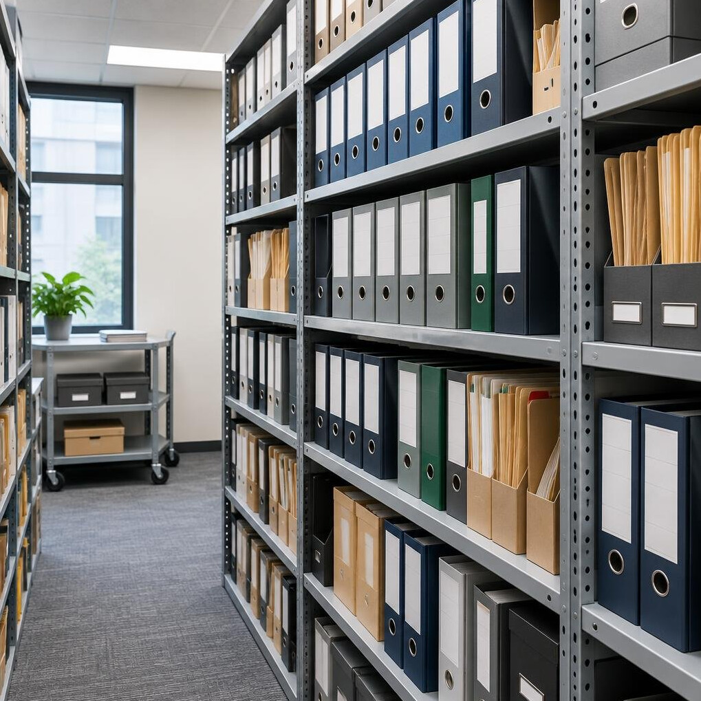 Archive shelves with binders and folders