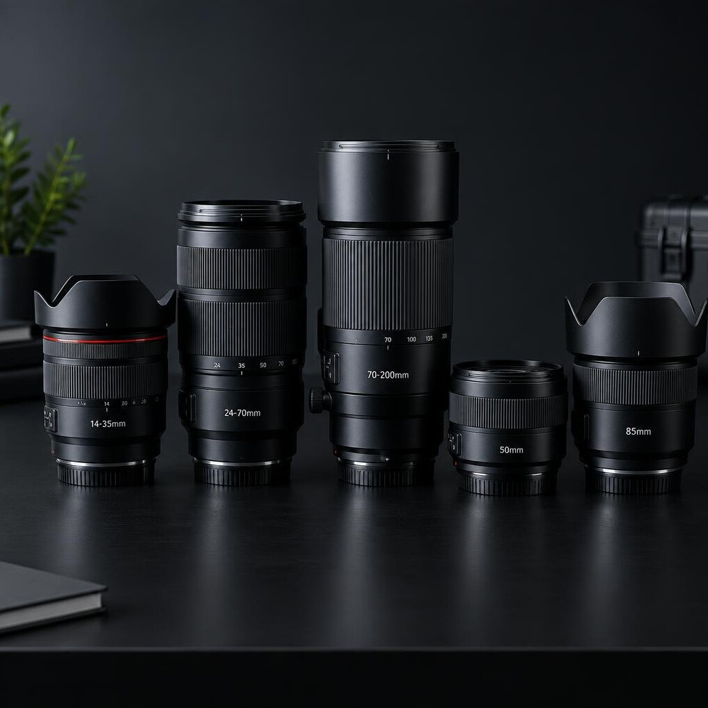 Camera lenses lined up on a table