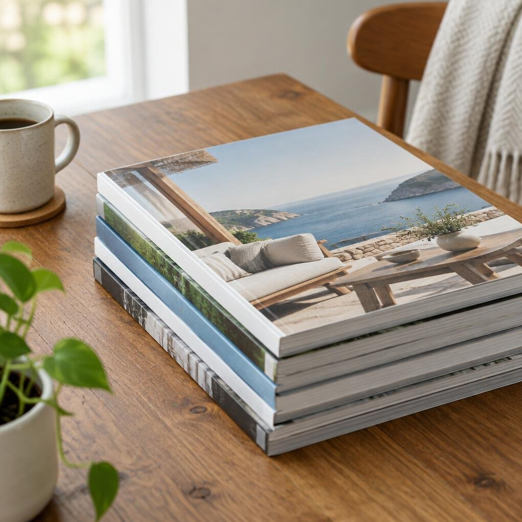 Stack of printed magazines on a table